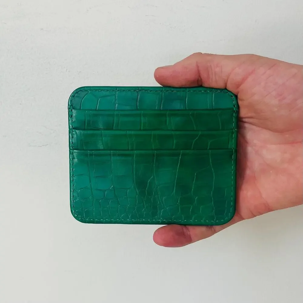 green vintage crocodile print both sided card holder
